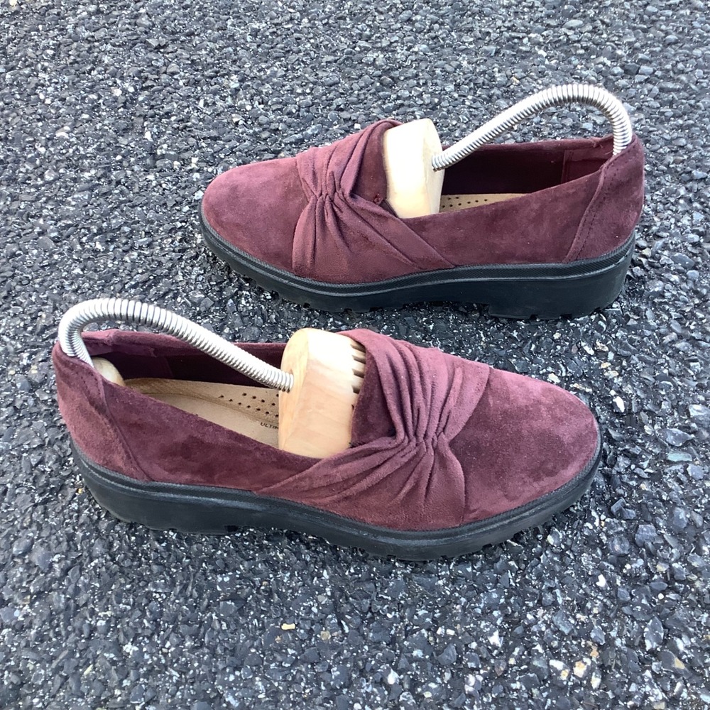 Clarks Collection Burgundy Suede Knot Platform Loafers Womens 7.5 M 261674064050